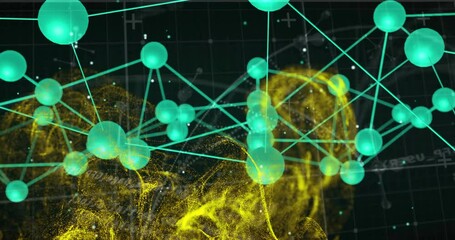Poster - Glowing green network nodes connecting on abstract yellow background in animation