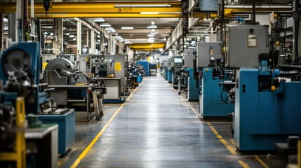 Poster - Industrial machines and equipment are lined up indoors at a factory
