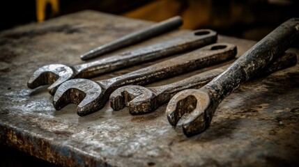 Poster - Several Old Wrenches And Metal Rods Rest On A Surface