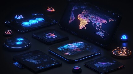 Poster - Several digital interface screens with glowing data displayed globally