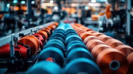 Poster - Colorful spools of thread arranged in a factory machine