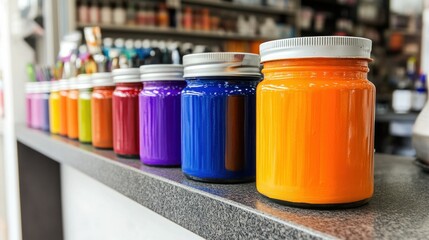 Poster - Various colors of paint arranged in a row on a shelf