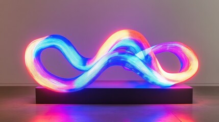 Poster - Glowing Light Sculpture Displays Colorful Waves Above A Pedestal