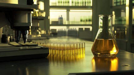 Poster - Microscope and laboratory equipment show a scientific investigation