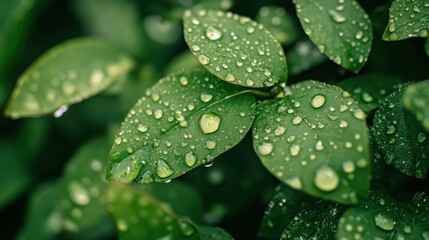 Poster - Fresh green leaves covered in water droplets after rain