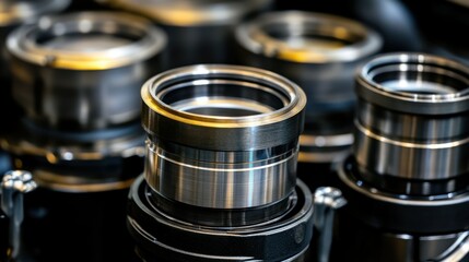 Poster - Several shiny metal rings stacked up on a dark surface