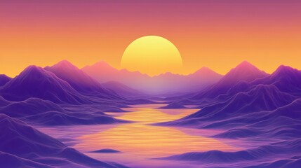 Poster - A beautiful sunset is shining over purple mountains and water