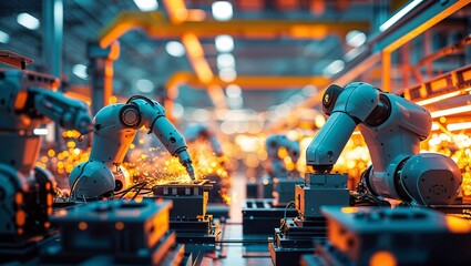 Poster - high-tech robotic arms performing automated assembly in a manufacturing facility during evening hour