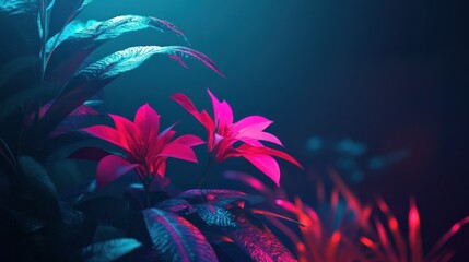 Poster - Glowing pink flowers and green plants against a dark background