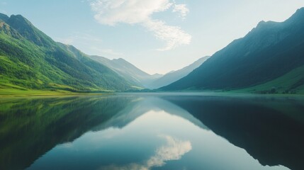 Poster - Majestic green mountains and lake with reflections of the sky