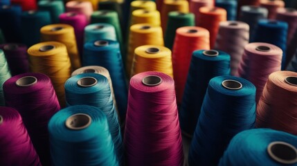 Fototapete - Colorful thread spools are arranged creating a visually appealing display