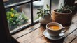 © Farida - A warm cup of coffee and tea rest on a wooden table next to a window.