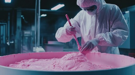 Aufkleber - A person in protective gear is stirring pink material