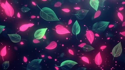 Poster - Glowing Leaves Floating Against A Dark Blue Background