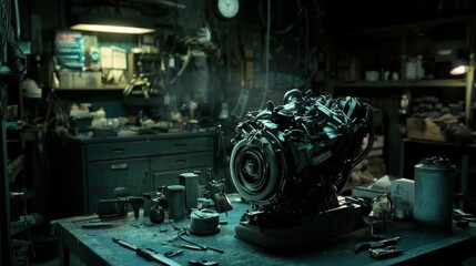 Poster - A Dark Workshop Featuring A Large Engine On A Table