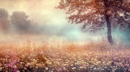 Poster - A serene misty landscape featuring trees and beautiful wildflowers in fields