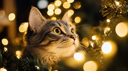 Poster - A Curious Cat Looks Up Amidst The Christmas Lights