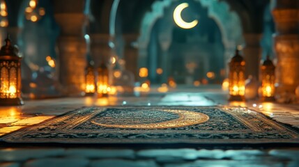 Poster - An interior with a carpet under a crescent moon and lamps