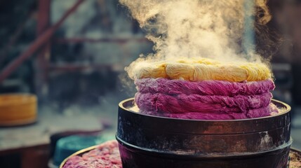 Poster - Steaming colorful yarn sits in a pot during a dye process