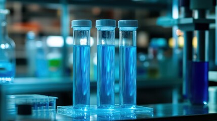 Poster - Three Test Tubes Filled with Blue Liquid Sitting Closely Together