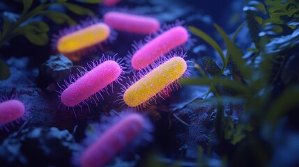 Poster - Pink and yellow rod shaped bacteria are floating underwater