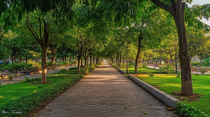 Poster - A long concrete walkway through a park lined with many trees