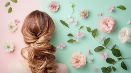 Poster - A womans hair is displayed with floral accents