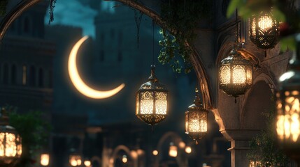 Poster - Illuminated crescent moon casting light on lanterns at night