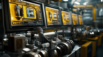 Poster - Computer monitors display circuitry during some manufacturing process