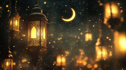 Poster - Illuminated lanterns hanging beneath the moon during a night time scene