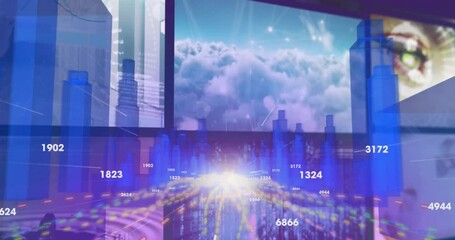 Poster - Animation of futuristic cityscape with data overlaying skyline and clouds