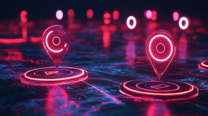 Aufkleber - Glowing Red Location Markers Highlight Digital Map Over Dark Background