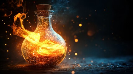 Poster - The glowing magical bottle contains mystical fiery energy or potion