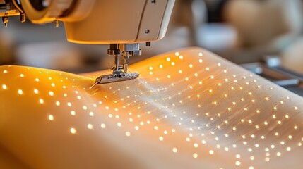 Poster - Sewing Machine Sewing On Lighted Fabric With Illuminated Punctures