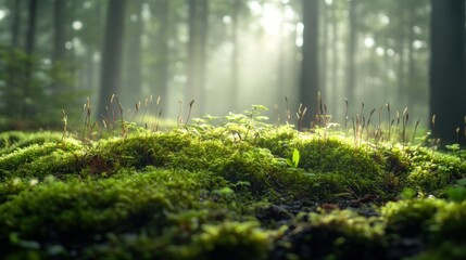 Poster - Lush Green Forest Floor Features Mosses And Sunlight Beams