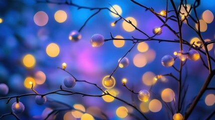 Poster - Glowing string lights and spherical ornaments adorn tree branches