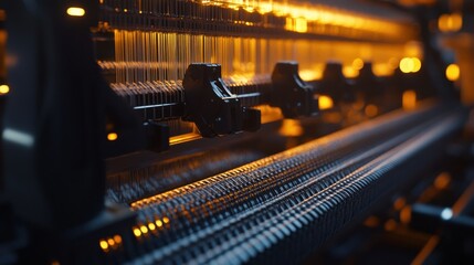 Poster - A close up image of a mechanical loom with threads