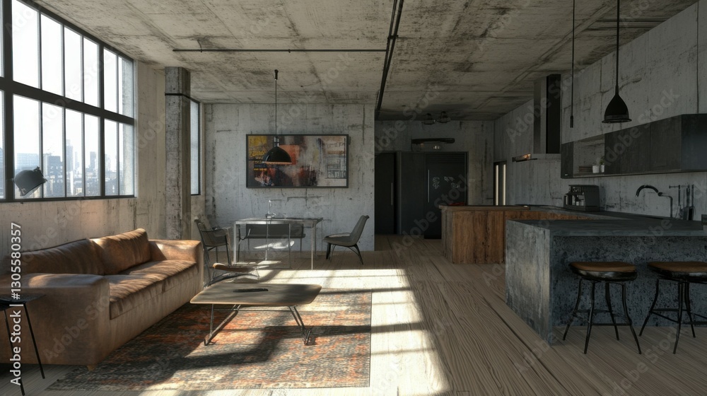 Creating a model of a modern loft living room with a concrete textured ...