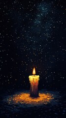 a single lit candle glows under a celestial starry night