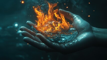 Poster - A Human Hand Is Holding Flames Within a Small Water Vessel