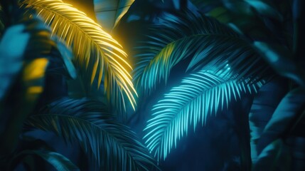 Poster - Illuminated plants and leaves in a mysterious and dark environment