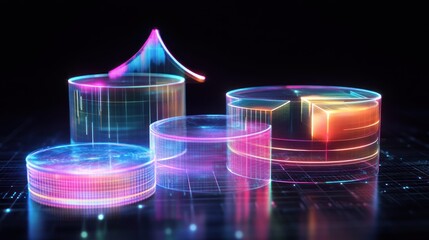Poster - Abstract visualization with glowing cylinders and data in a dark setting