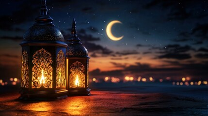 Poster - Elegant lanterns lit during a moonlit night sky scenery