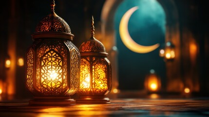 Poster - Glowing Lanterns Illuminate a Dark Night with Crescent Moon in View