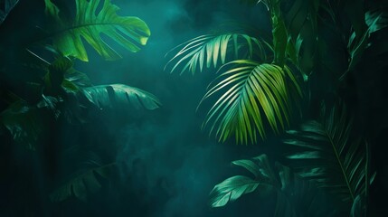 Poster - Green Jungle Leaves Are Surrounded By Misty Smoke And Light