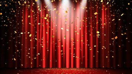 Poster - Red Curtains With Confetti Falling Under Bright Spotlights At Night