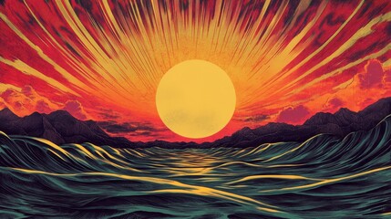 Wall Mural - Backdrop of concentric psychedelic ripples with vintage comic ink and halftone textures
