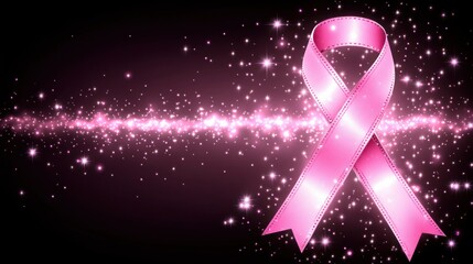 Poster - Pink Ribbon Sparkles Among Beautiful Stars Above Dark Black Background