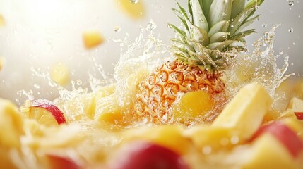Poster - Fresh Pineapple Water Splashing Over Sliced Fruits Beautifully