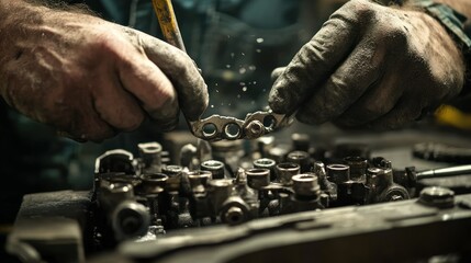 Poster - Mechanic working on vehicle engine with a yellow hammer and gloves